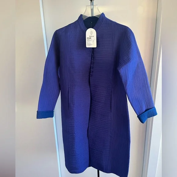 NWT Kilol FabIndia Style Silk Quilted Long Jacket Coat Nehru Cobalt Blue Purple